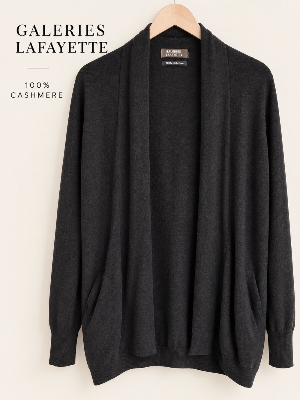 Galeries Lafayette 100% Cashmere Black Open Front Cardigan Sweater Pockets